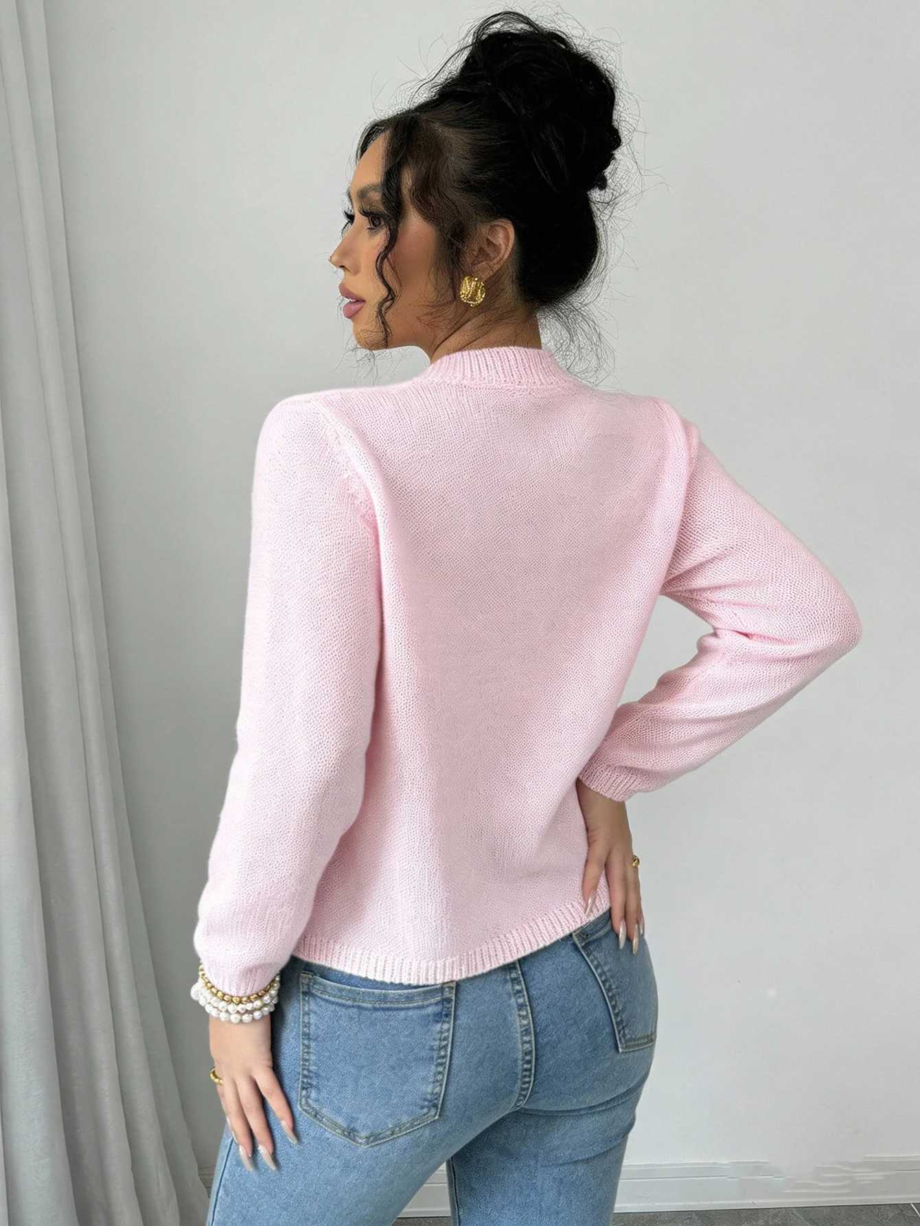 New Autumn/Spring/Summer Womens Cardigan Sweater Pink Fitted Round Neck Knit Cardigan Casual and Elegant Versatile for Everyday Wear M260306