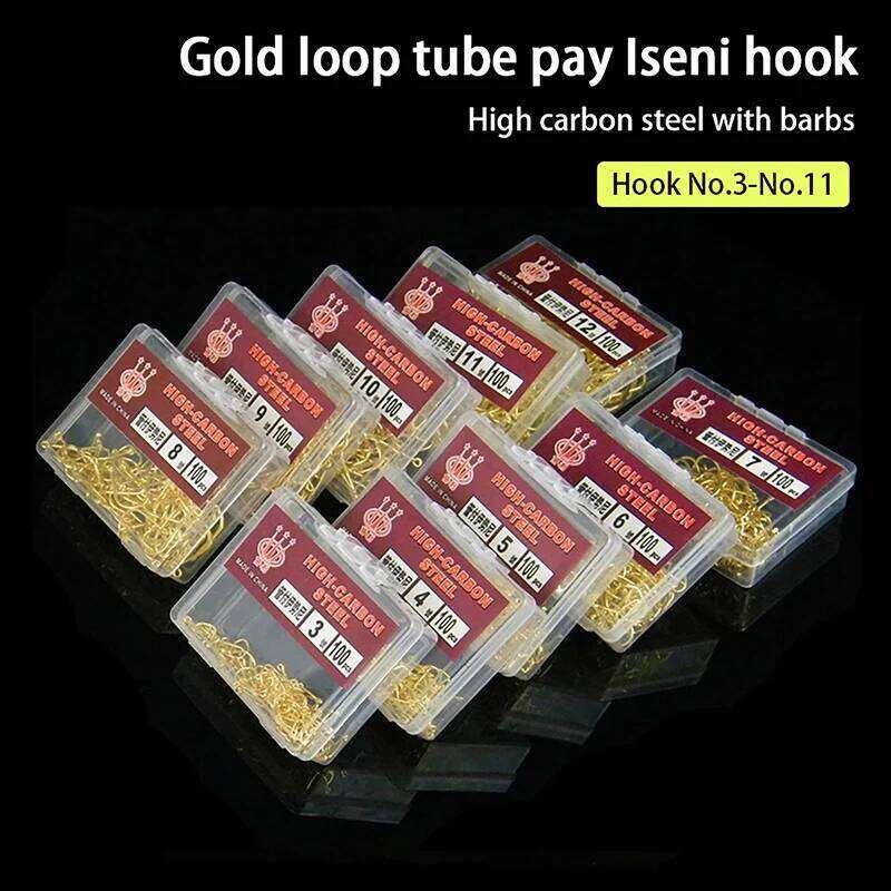 Funny100pcs Box Gold Color With Ring Tube Pay Iseini Barbed High Carbon Steel Sea Fishing Hooks S260305