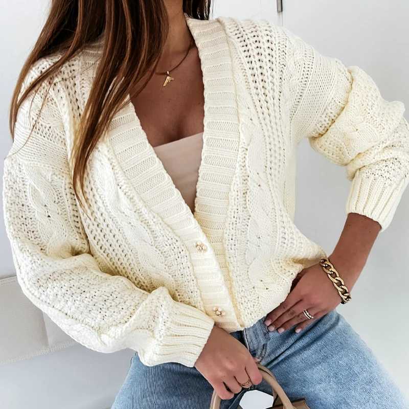 Winter Women Knitted Cardigan Sweater V-neck Long Sleeve Fried Dough Twists Solid Color Casual Autumn Elegant Lady Casual Coat M260306