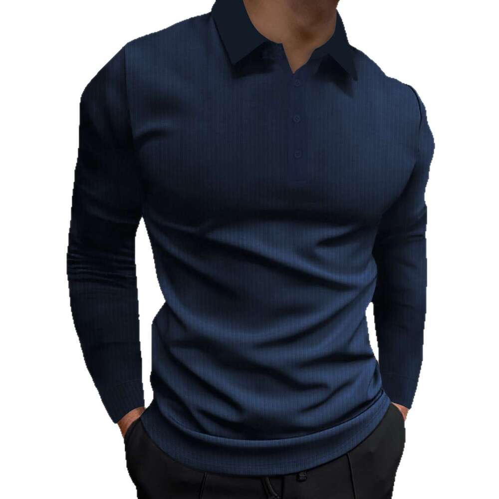 European and American Cross-Border Trade Men's Summer Sports Fitness Casual Turn-Down Collar Stretch Vertical Stripe Long Sleeve Polo Shirt for M
