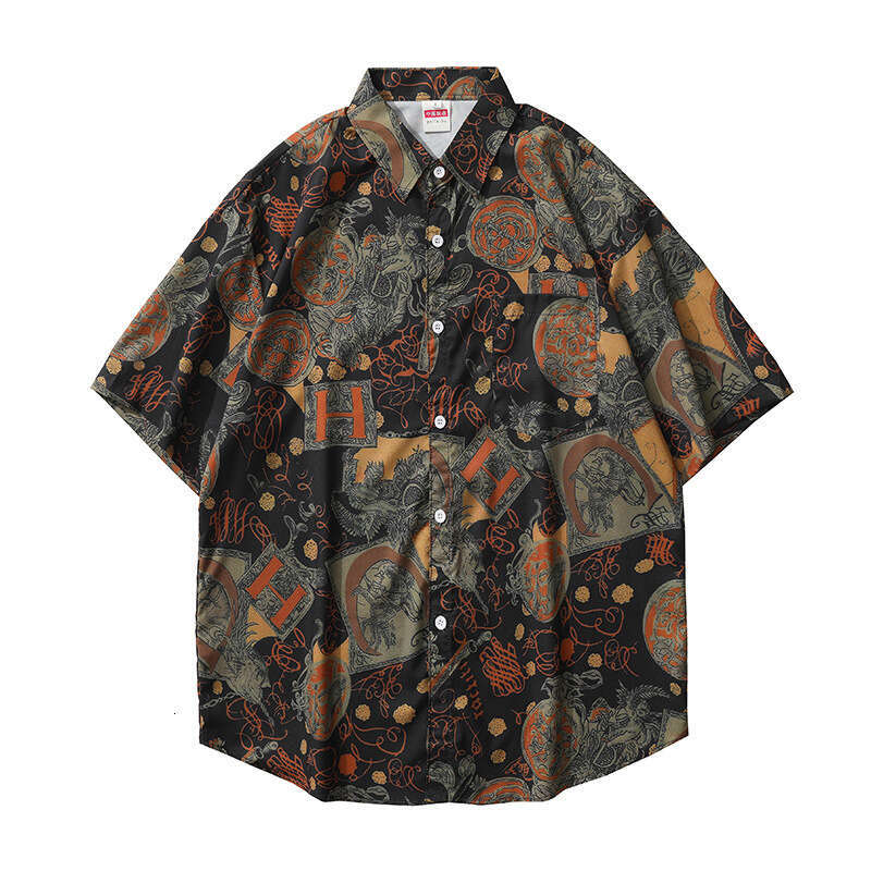 Floral shirt for men, short-sleeved, Hawaiian casual, summer thin style, trendy loose shirt, oversize, couple's five-quarter sleeve