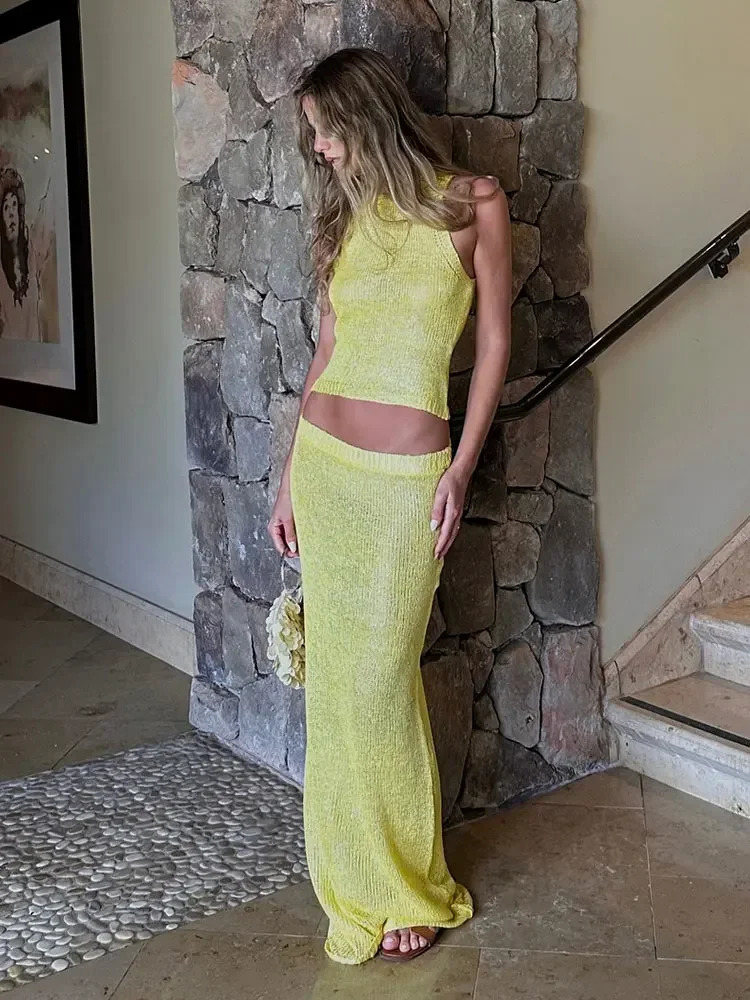 Sexy Transparent Sleeveless Shiny Camisole Tank Top Long Dress Two Piece Set 2025 Fashion Elastic Waist Wrap Hip Knitted K68 260228