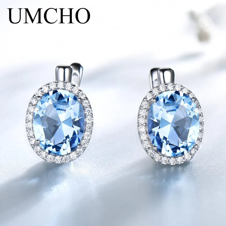 UMCHO Classic Oval Created Sky Blue Topaz Clip Earrings Solid 925 Sterling Silver Earrings For Women Wedding Gift Fine Jewelry 260303