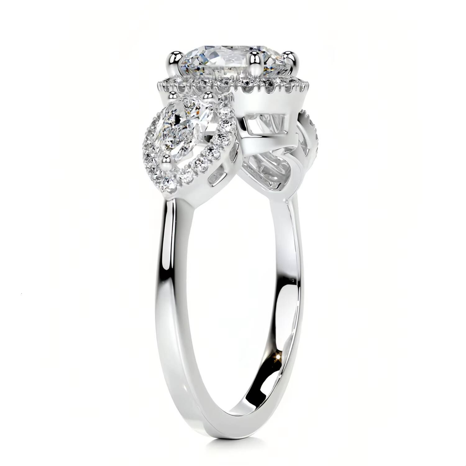 Abiding GRA Certified 15 Moissanite Three Stone Ring Round Brilliant Cut 75MM Halo Pav Prong Round Pear Ring in Gold