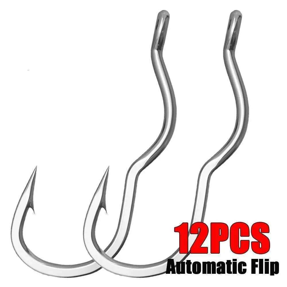 12Pcs/Pack Creative High Carbon Steel Automatic Flip Fishhook Sharp Barbed With Eye Hook Anti Slip Fishing Tackle Y260305