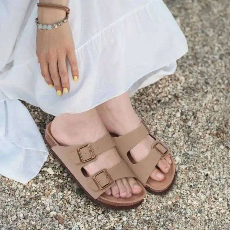 Litfun Fashion Double Buckle Clogs Slippers For Women New Suede Flat Mules With Arch Support Unisex Outdoor Cork Beach Sandals