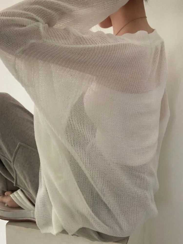 2026 Thin White Cardigan Women Summer Sunscreen Lace-up Knitwear Tops Lady Korean Style Casual Long Sleeve Sun Protected Top M260306