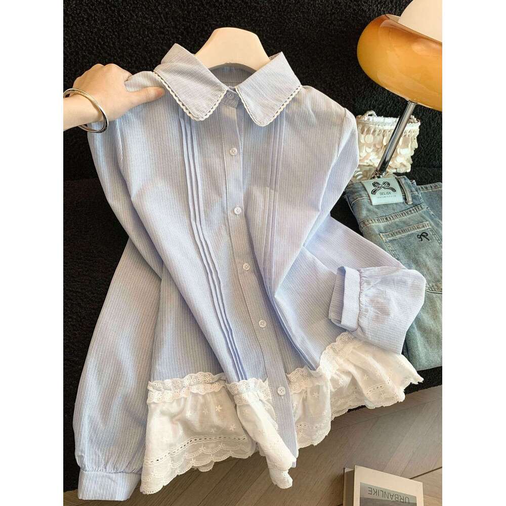 Elegant white long-sleeve shirt with lace hem and patchwork design for women, 2026 new model, Designer doll collar top A10479