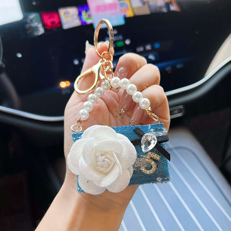 Creative Design Denim Camellia Model Women's Car Personalized Keychain Fashion Bag Pendant