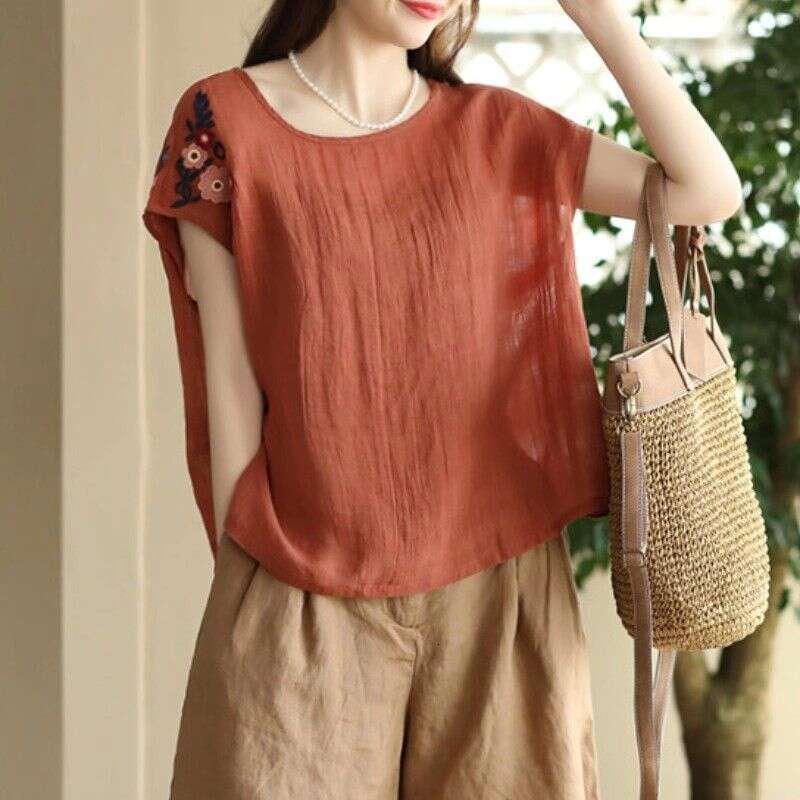 Chinese Style Embroidered Cotton Linen Short-sleeved T-shirt for Women's Summer New Style Thin Sleeveless Top