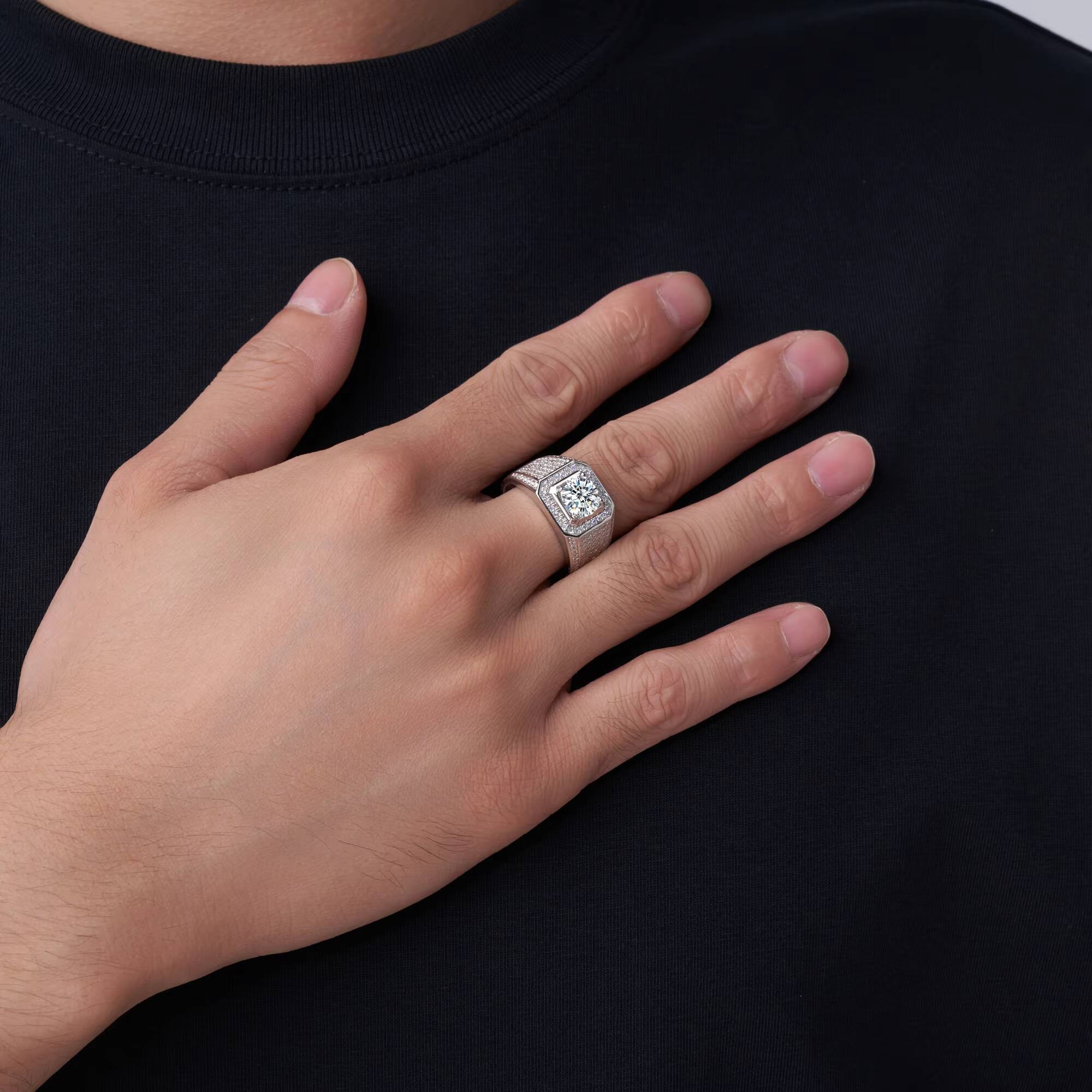 Luxe for Less Diamond-Like 1/2/3CT Round Brilliant Cut Moissanite Mens Anniversary Wedding Ring in Platinum Plated 925 Silver