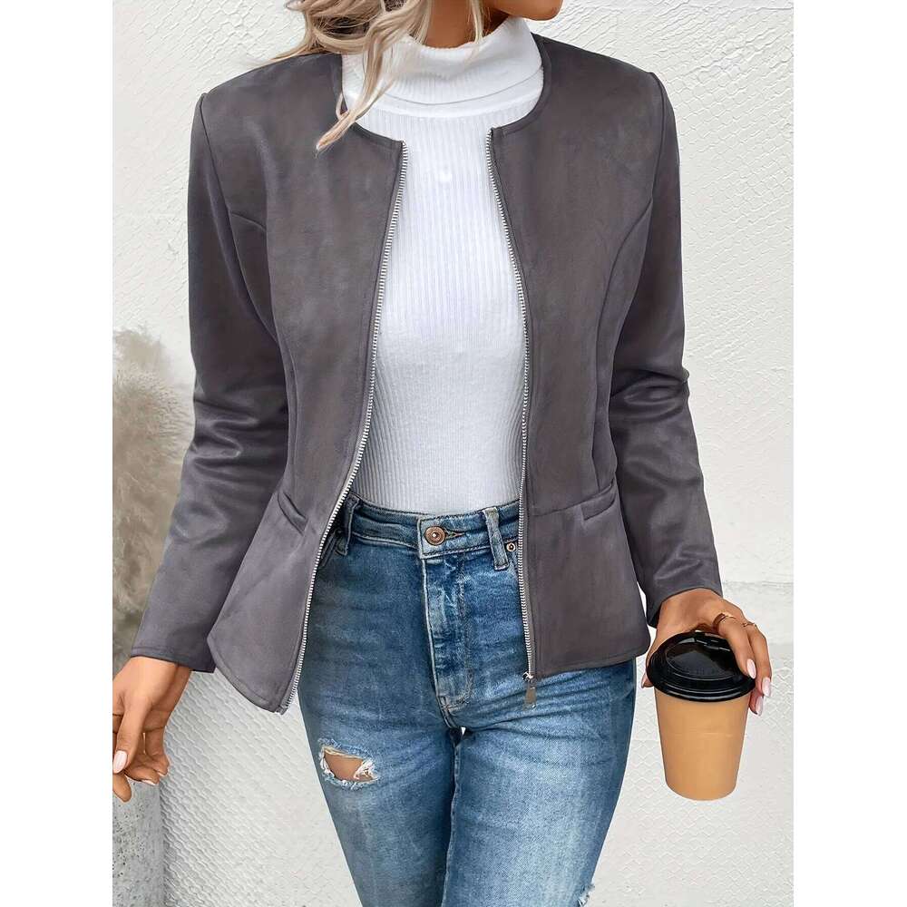 Women's Fashion Round Neck Slim Fit Top Long sleeved Access Control Zipper Cardigan Short Jacket