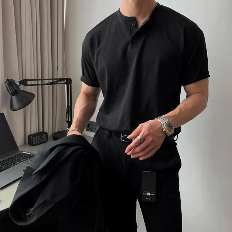 Summer Mens Short Sleeve Henley Neck T Shirts American Retro Casual Beach T-shirts Loose High-Quality Fitness Sports Shirt Tops 260304
