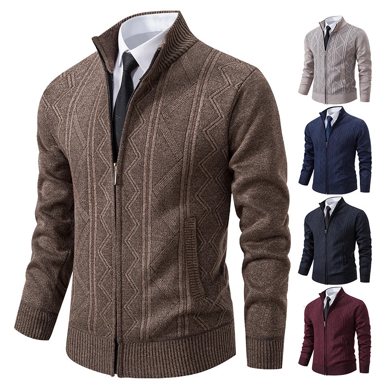 Thickened jacket mens autumn and winter warm trend line stand collar knitted cardigan sweater coat 260306