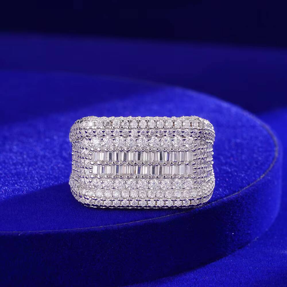 Hip Hop Fully Jewelry Iced Out Round Baguette VVS Moissanite Diamond 925 Sterling Silver Finger Square Ring for Mens