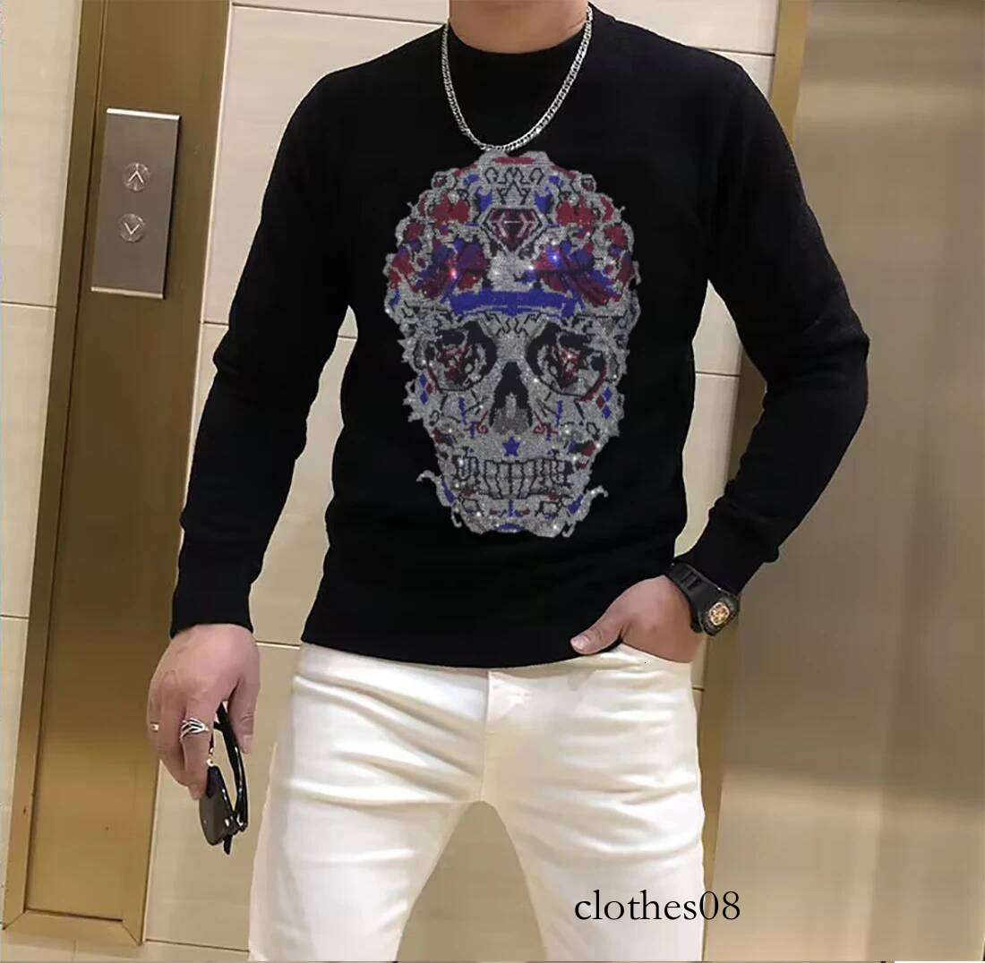 Men's Street Sweater Trendy Brand Rhinestone Skull Plein Pullover Tops Round Neck Plus Size Black Hip-Hop Streetwear Man Clothes
