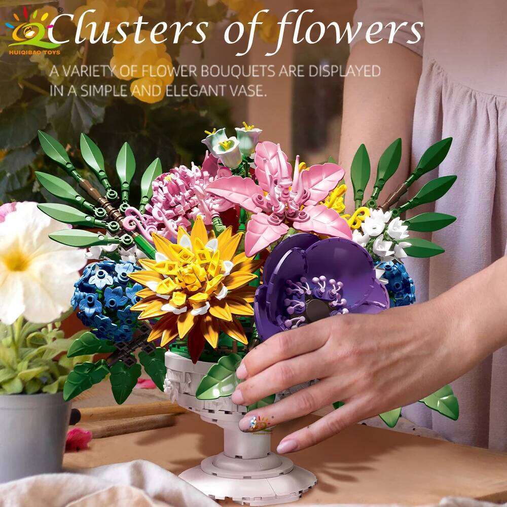 HUIQIBAO 1081+PCS MOC Flower Bouquet Model Building Block Potted Series Brick Construction Toy For Children Desk Home Decoration Z260306