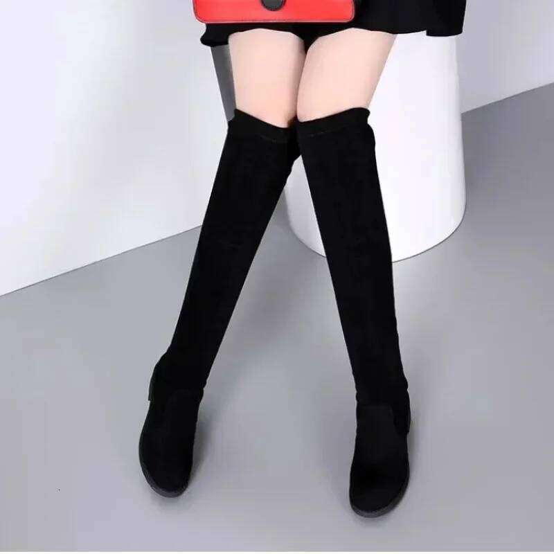 Women Winter Black Over The Knee 2024 New Comfort Lace Up Chunky High Heels Shoes Fashion Warm Suede Round Toe Boots