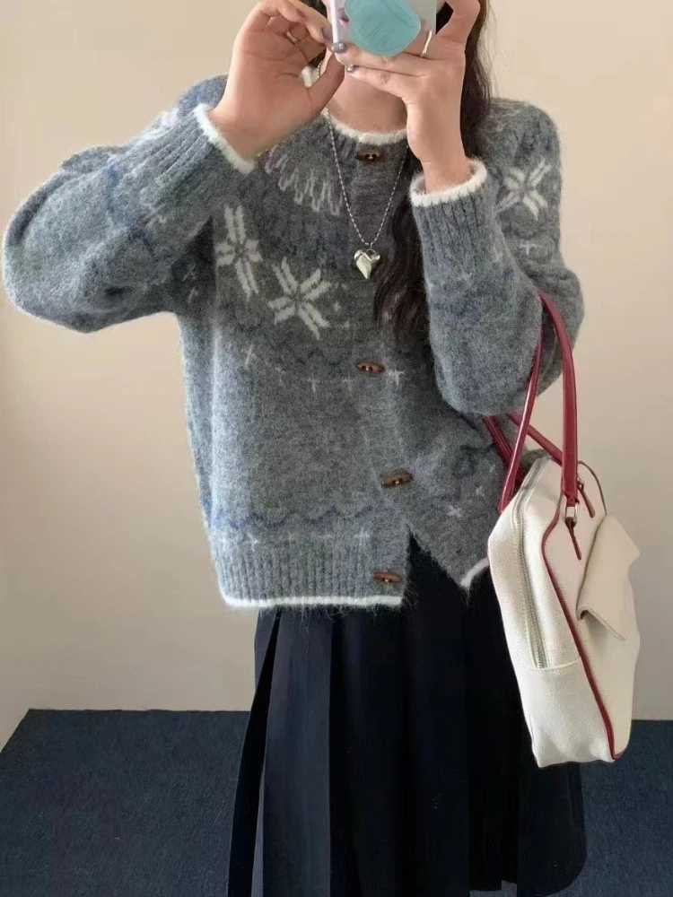 Zjaiss Autumn Winter New Lazy Style Loose Long Sleeves Bull Horn Button Knitted Cardigan Korean Retro Jacquard Women Sweater M260306