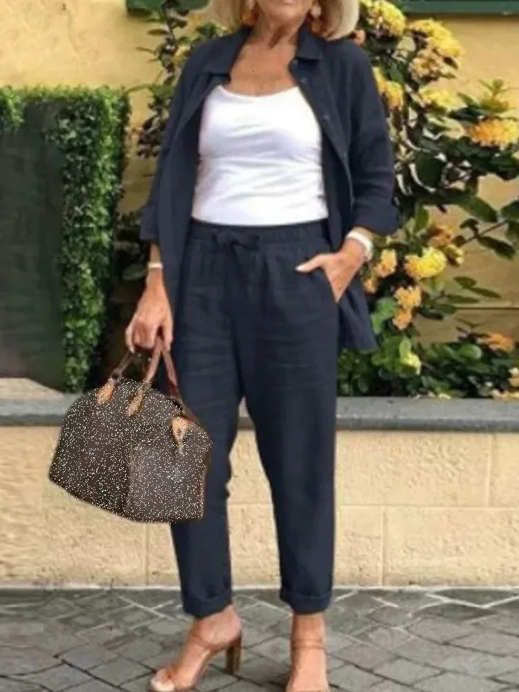 Cotton Linen Set Women Spring Summer Loose Oversize Long Sleeve Shirt Long Pants 2 Piece Sets Casual Office Ladies Trousers Suit 260305