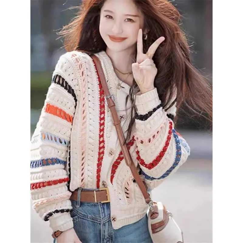 New Chic Rainbow Color Cardigan Women Sweater Autumn O Neck Knitted Coats Hollow Crochet Loose Long Sleeve Jacket Sweet Style M260306