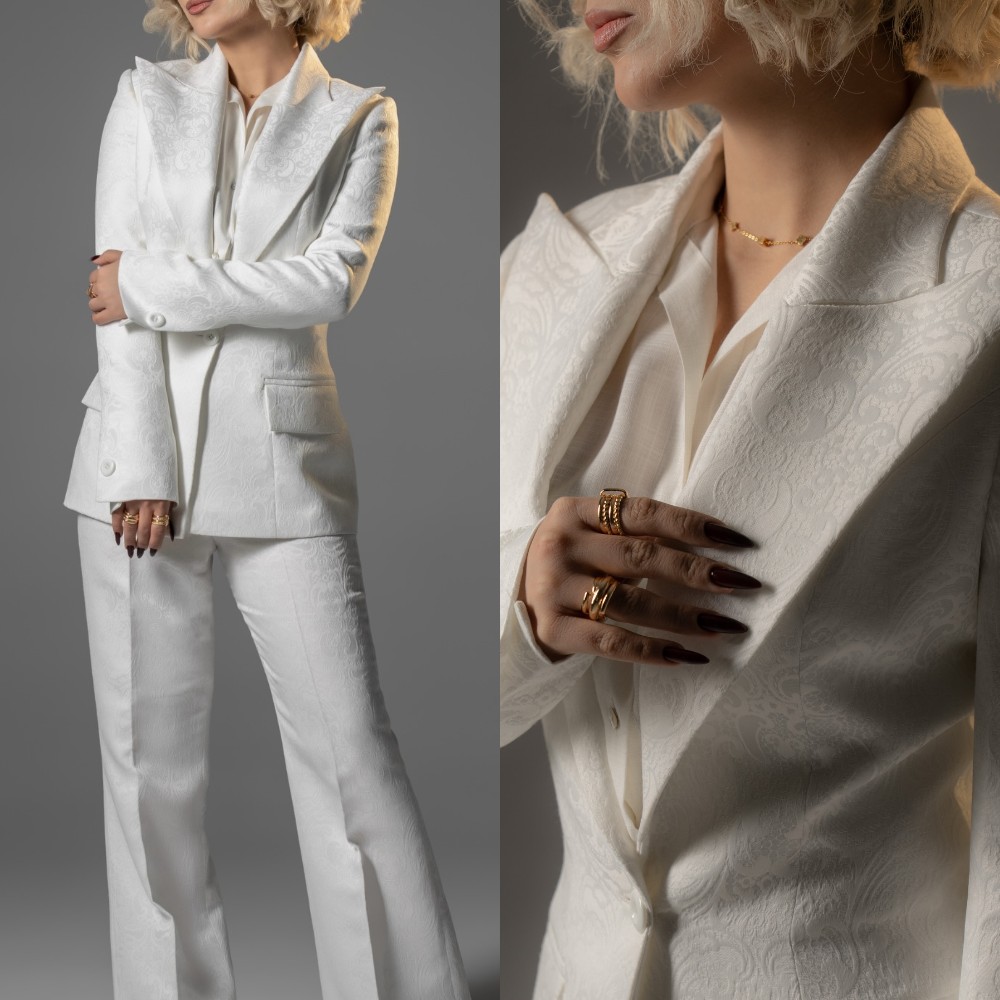 Women's Prom Dresses Suit Gowns Elegant Sheer Lapel Jacket Coat and Pants Suit For Female Satin 2 Pieces Suit Customized W47