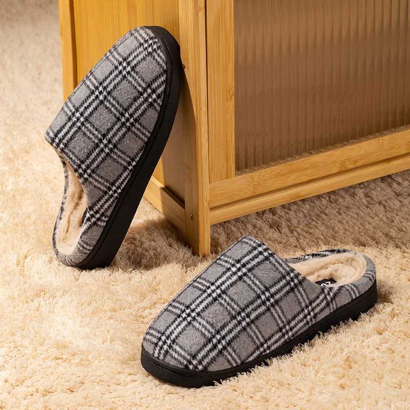 New Mens Striped Warm House Fleece Cozy Non-slip Plaid Cotton Mops Couples Slippers Winter Soft Indoor Bedroom Couples Shoes S260305