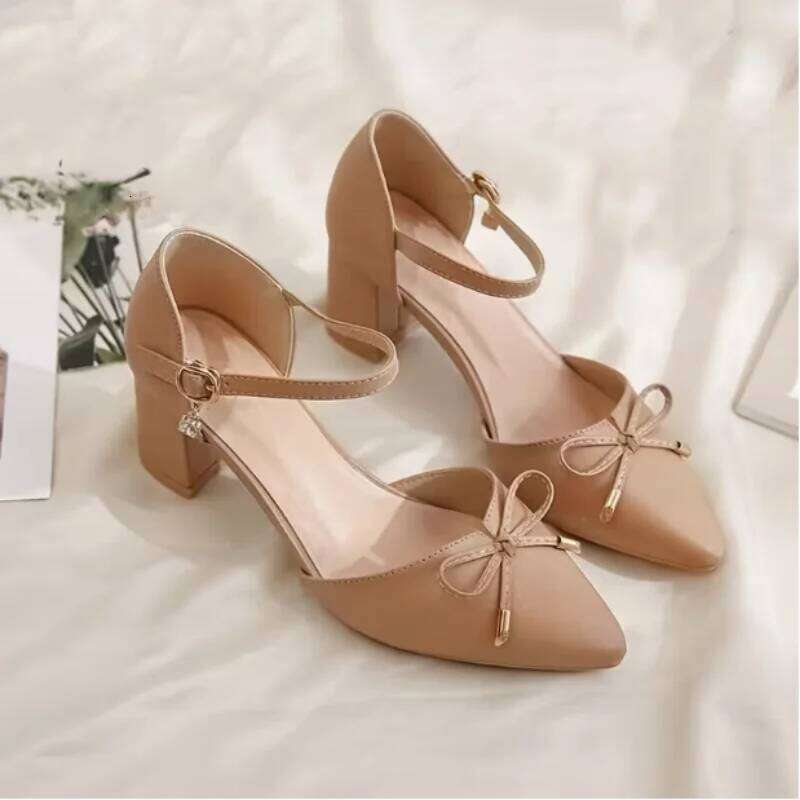Women's High Sandals Pointed Toe Pumps Bowknot Decoration Chunky Heel Dress Shoes for Office Ladies Party Wedding