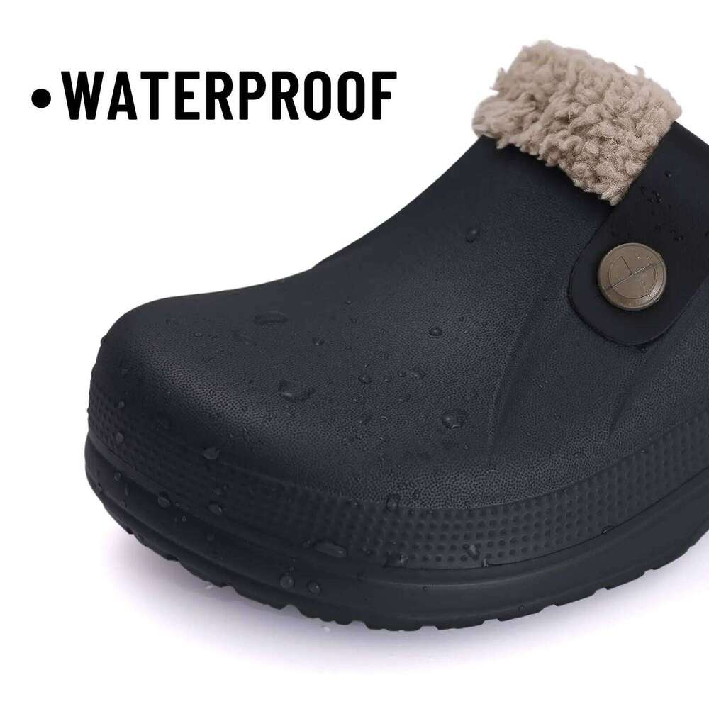 Litfun Winter Fuzzy Men Clogs Outdoor Antiskid Fur Lined Waterproof Garden Shoes Indoor Warm Fluffy Plush Home Slippers