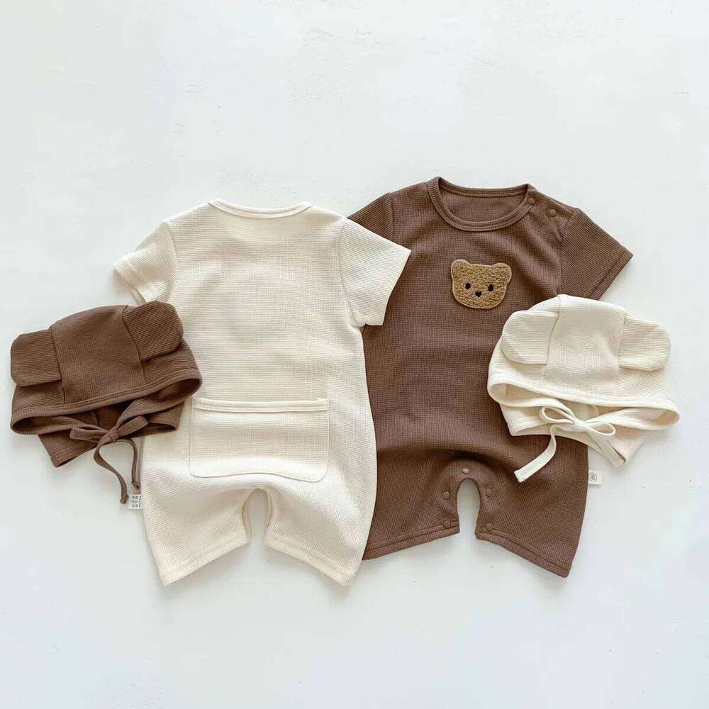 New In Summer Kids Baby Girls Boys Short Sleeve Waffle Patch Bear Infant Newborn Jumpsuits Cotton Romper Gift Hat with Ear Z260306