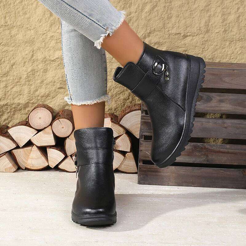 2025 Winter New Women's Ankle Boots - Side Zipper Plush Lined, Buckle Decor with Pendant, Non-Slip Wedge Heel, Warm & Elegant