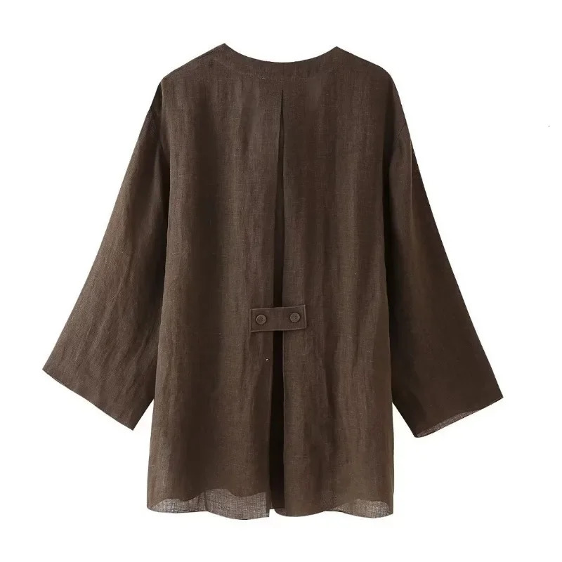 Women Vintage Loose Suits Long Sleeve V Neck Linen Kimono Cross JacketsHigh Waist Wide Leg Pants Fashion Summer Sets 260305