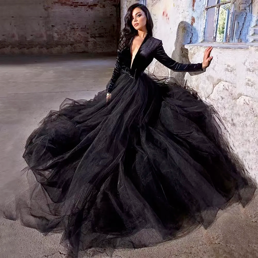 Modern Black Prom Party Dress 2026 V-neck Long Sleeves Bow Sweep Train Satin Tulle Evening Birthday Formal Gowns Pageant Dresses Robe De Soiree BC068