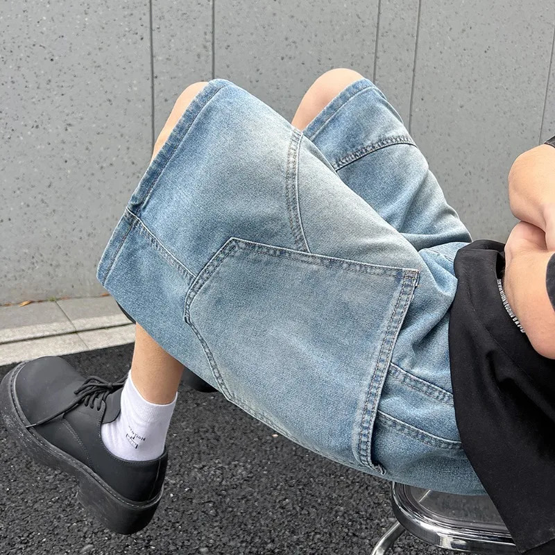 Summer Baggy Denim Shorts Fashion Casual Straight Harajuku Jeans Male Vintage Wash Drawstring Short Pants Streetwear 260306