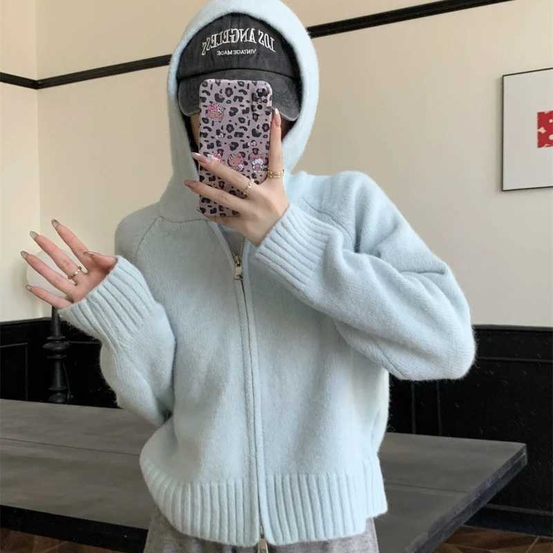 New Fashion Double Zipper Hooded Knitted Cardigan Womens Long Sleeved Sweater 2025 Autumn and Winter Solid Color Straight Coat M260306