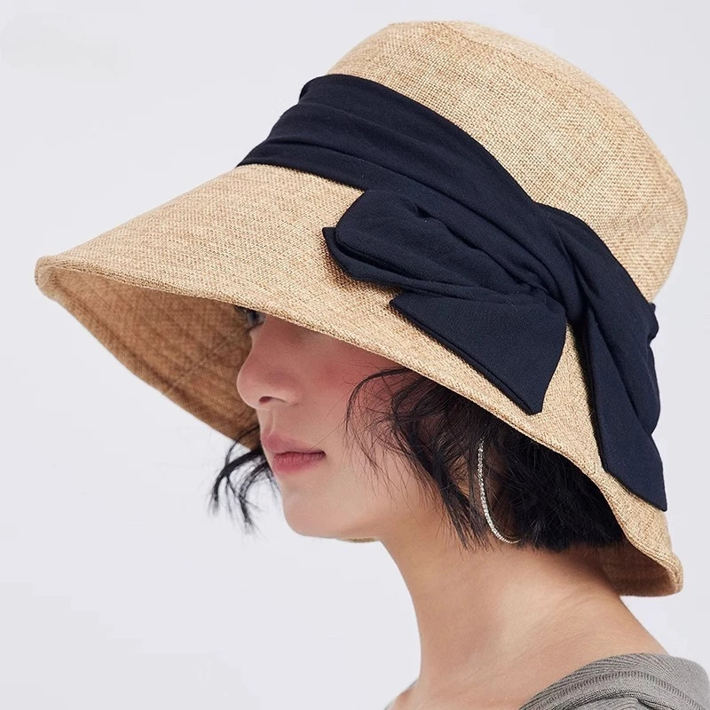 USPOP Elegant Wide Brim Cotton Linen Bucket Hat for Women Summer Sun Hat with Bow Foldable UV Protection Beach Hat 260228