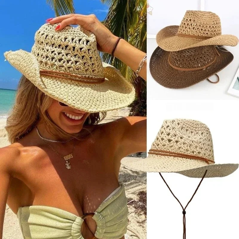 Vintage Western Cowboy Sun Hat Men Women Straw Hat Outdoor Travel Ethnic Style Gift UV Protection Cap Chapeau Beach Hat 260228
