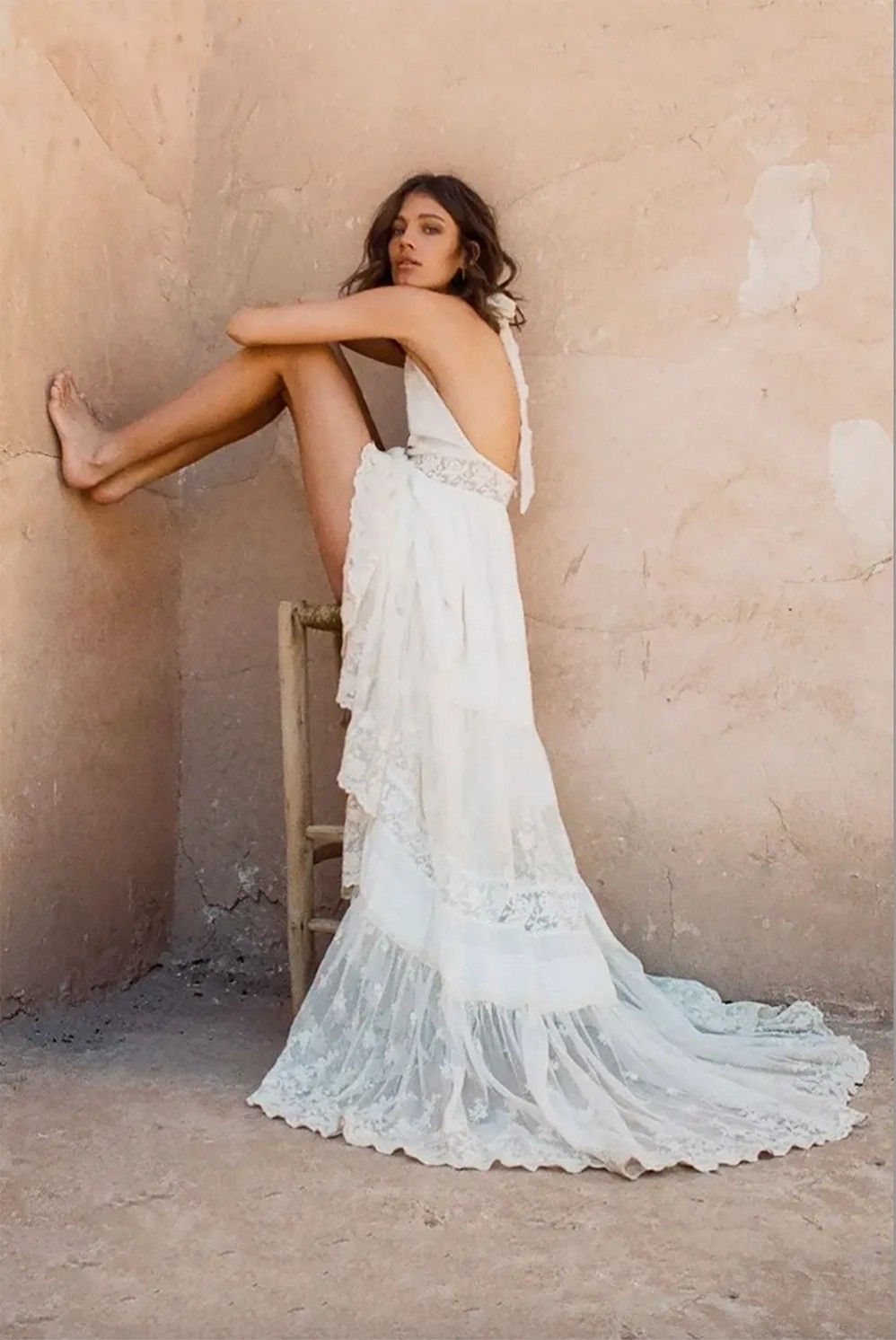 Bohemian Dresses Halter Deep V Neck Luxury Embroidery Sweep Train Backless Bridal Gowns Custom Made Beach Boho Wedding Dress