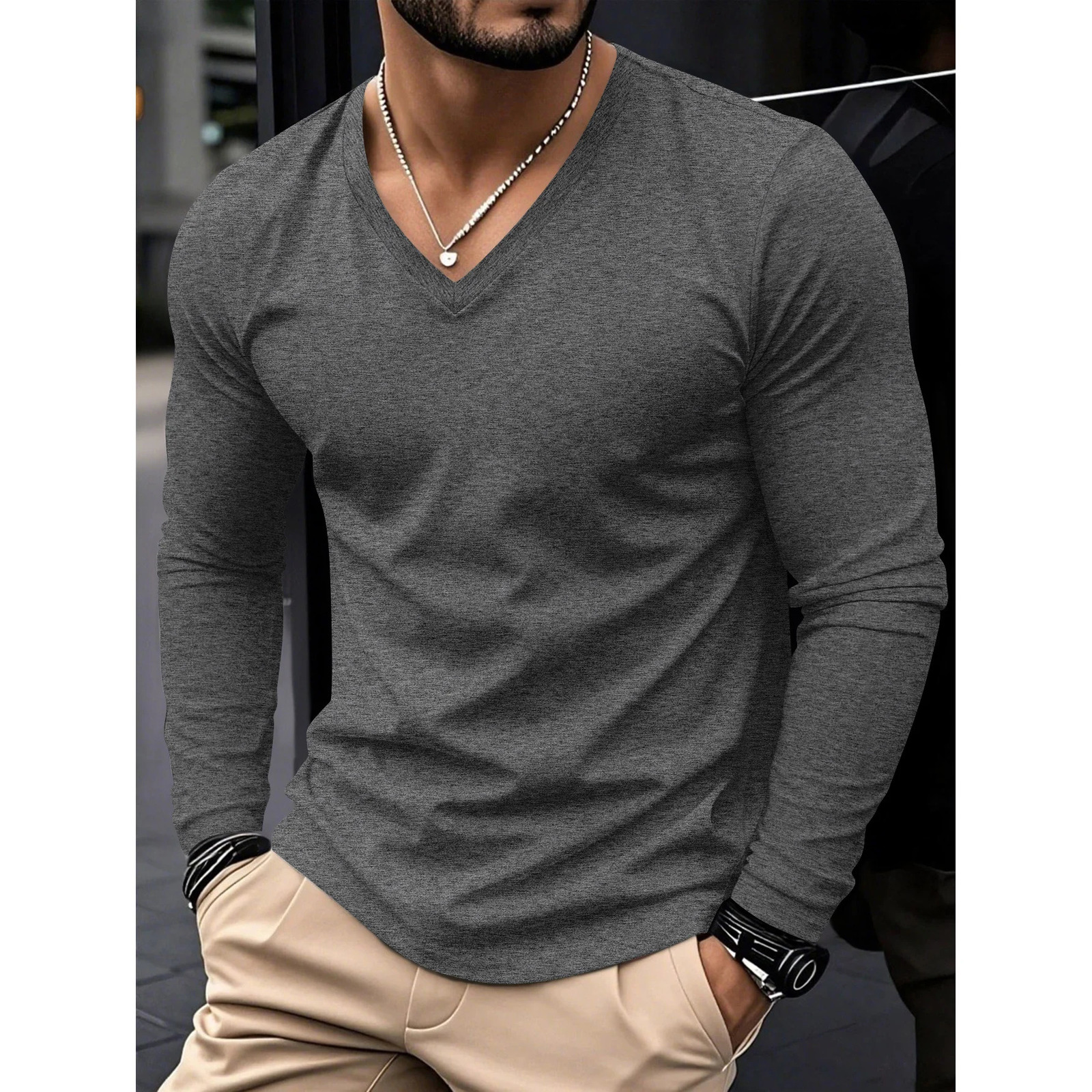 Spring Autumn Style Everyday Wear Outdoor Sports Fashion Trendy Versatile Color Block Vneck Long Sleeve Mens Top 260302