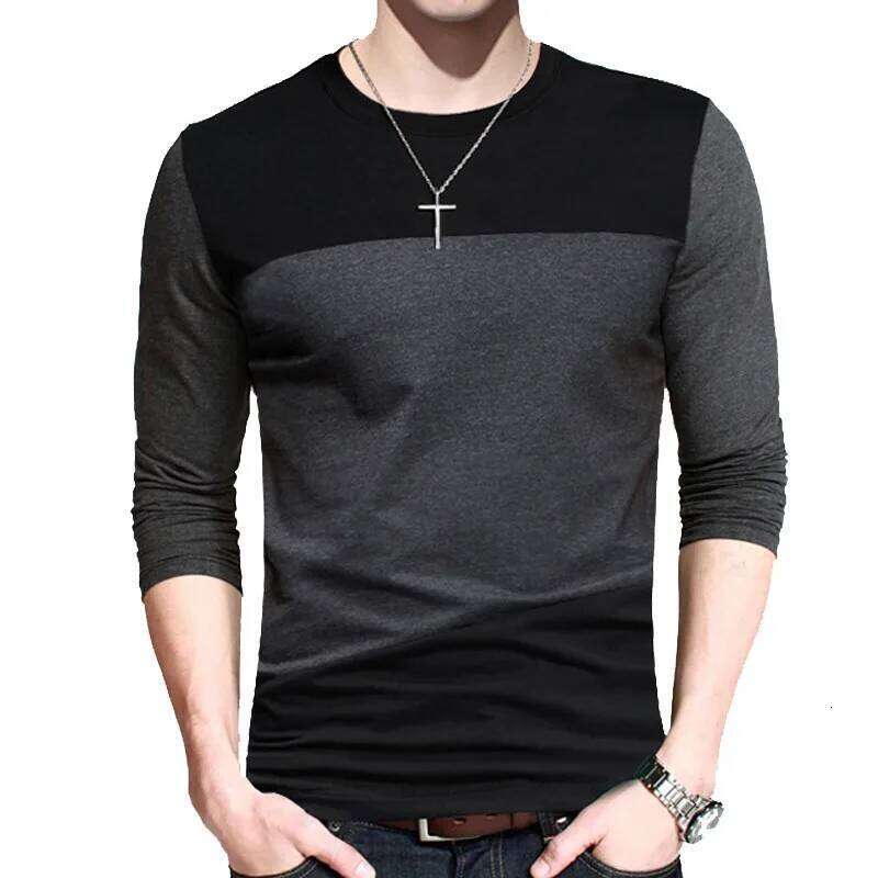 BROWON Autumn Korean T Shirt Vintage Style Patchwork Black&Gray O-Neck Long Tshirt Men Clothing Plus Size M-5XL 26H0306