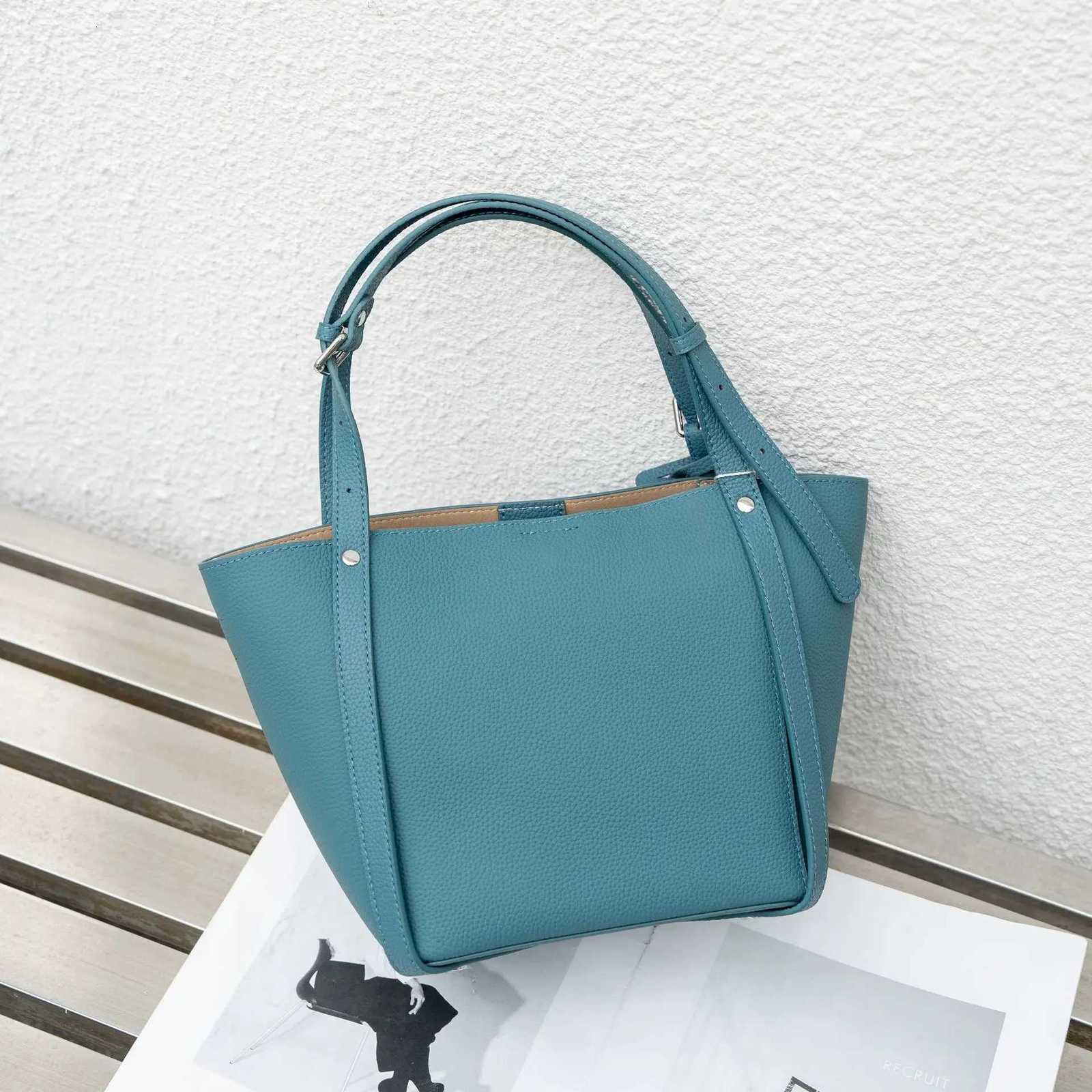Stylish Peacook Blue Kakhi Color Full Grain Cow Leather Women Bucket Handbag Quality Female Shoulder Bag H260306