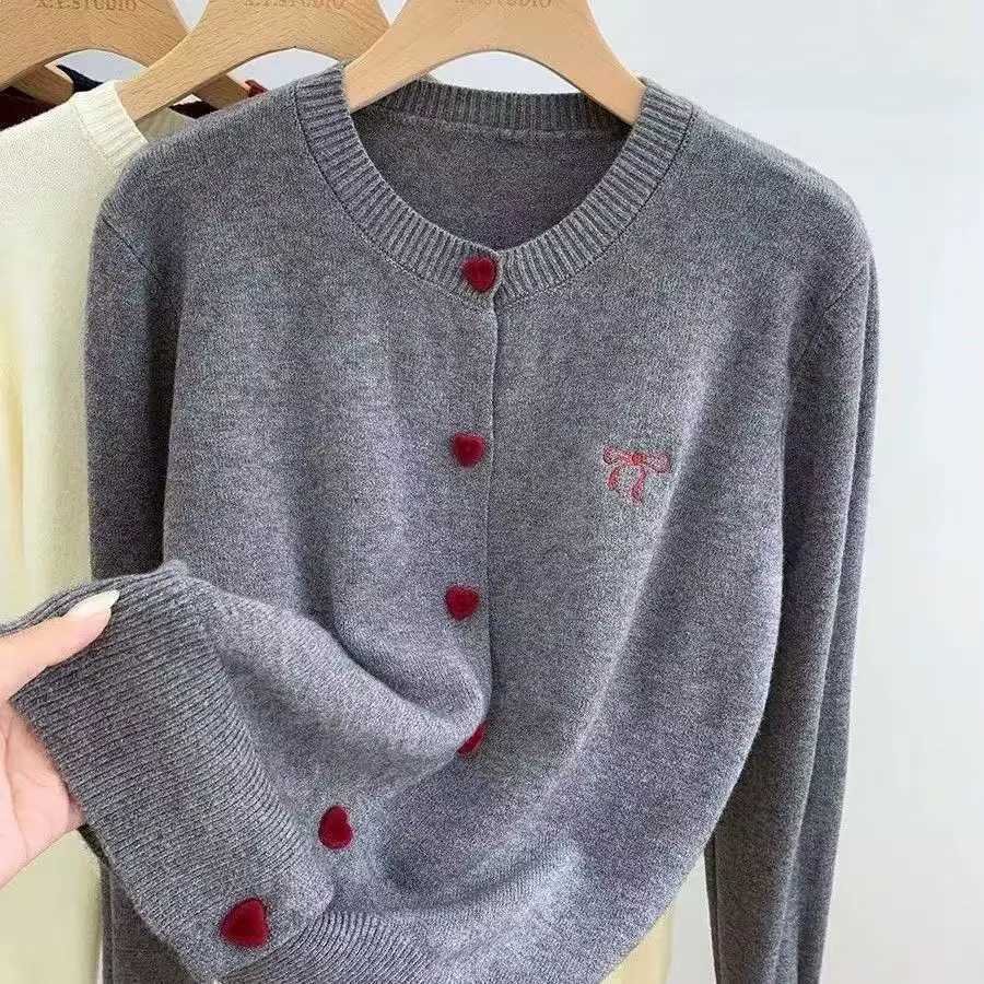 2026 Korean Casual Solid Knitting Tops Women Knitted Cardigan Bow Embroidery O-Neck Single Breasted Heart-shaped Button Sweater M260306