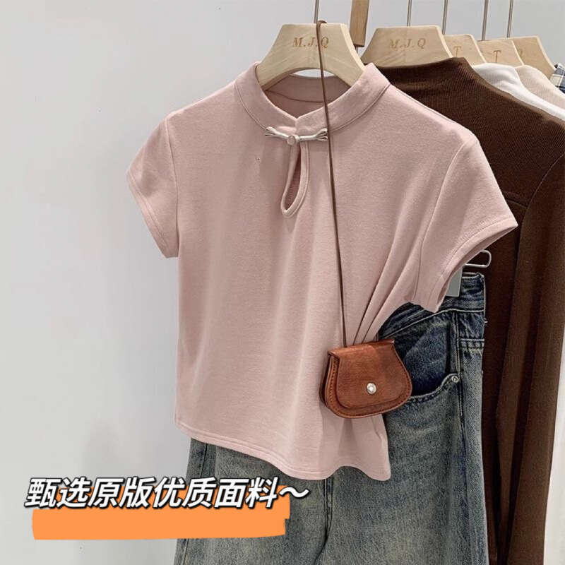 New Chinese T-irt Women's Summer 2026 Stand Collar Button up Top Faionable Design Elegant Chinese Style Short Sleeve T-Shirt
