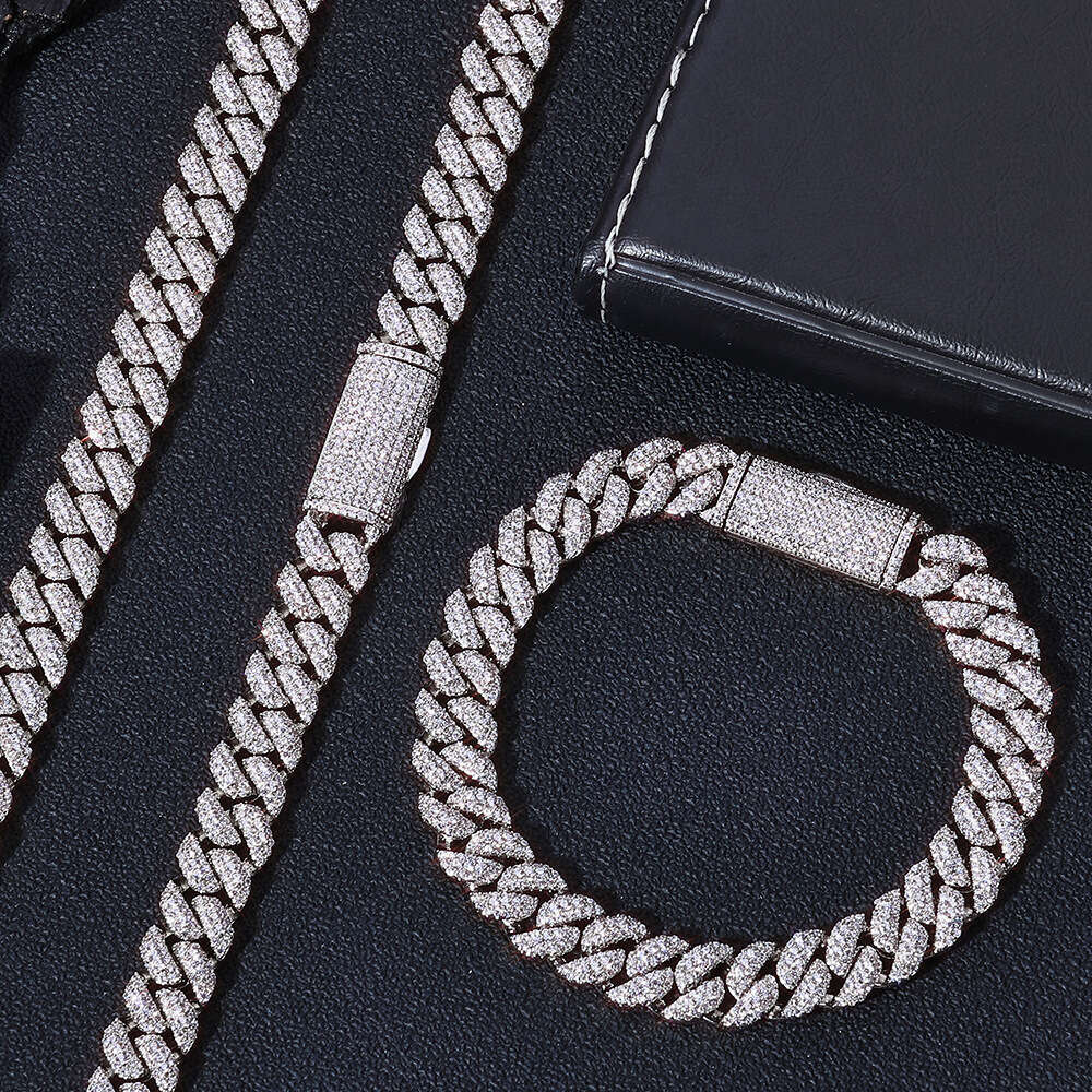 Cross-border European and American 10mm s925 stone three-row moissanite Cuban chain hip-hop trendy bracelet for men, high-quality jewelry