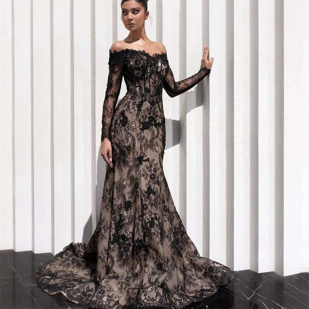 Lace Black Long Sleeves Bespoke Occasion Gown Evening Dresses Prom Pastrol Unisex Jersey Retro Dubai Saudi Arabic Customized