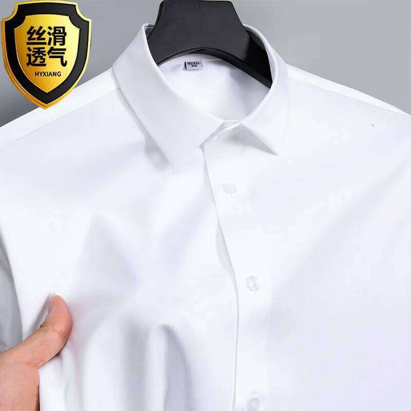 Summer white glossy non ironing shirt, men's wrinkle resistant ice silk casual high-end seamless business shirt