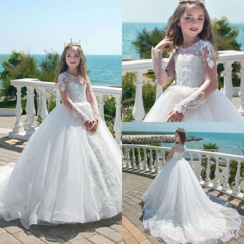 Long Sleeve Princess White Flower Girl Full Applique Jewel Neck Pageant Dresses Communion Wear Kids Wedding Gowns