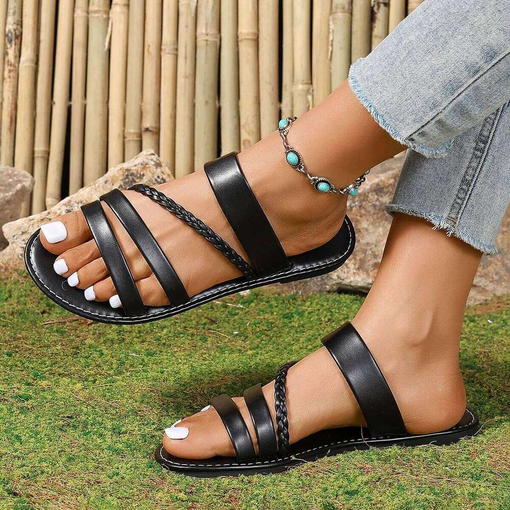 2025 Ladies Summer Solid Colour Simple Retro Ankle Strap Round Head Flat Bottom Plus Size Roman Shoes Comfyfor Women