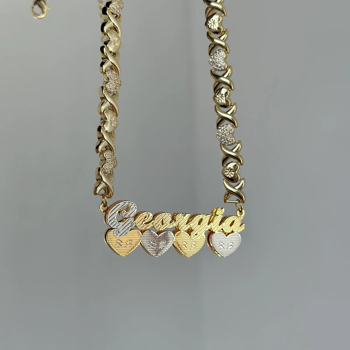 Custom Heart XOXO Necklace Stainless Steel 3D Bilayer Name Necklace Personalized 3D Nameplate Two-Tone Pendant Chain For Women 260302