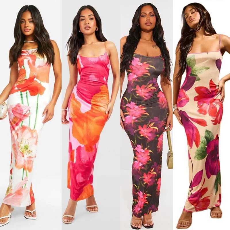 Women Summer y2k Fairy Floral Slip Slim Dress Spaghetti Strap Maxi Dress Sexy Flower Print Bodycon Cami Long Dresses Beachwear X260306